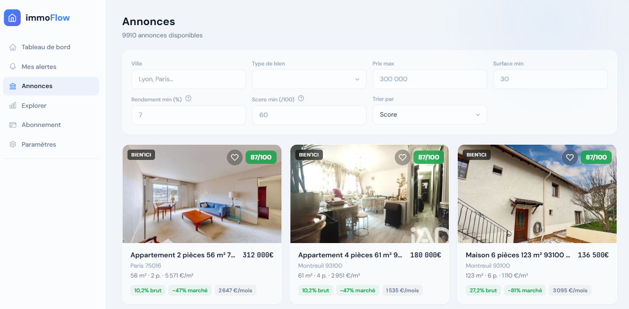 Liste d'annonces immobilières immoFlow avec score de rentabilité et badges Bonne affaire